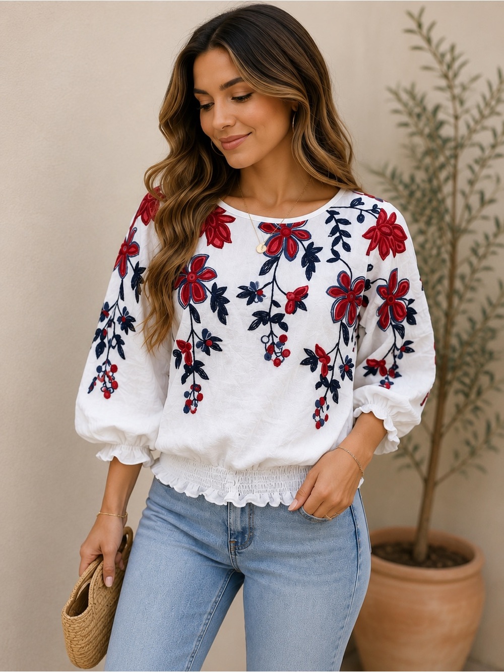 Kindred White Floral Embroidered Red & Navy Blouse